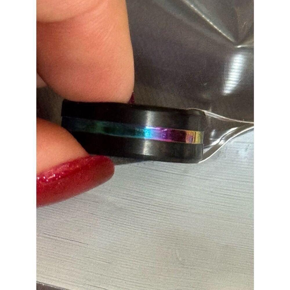 Wedding Band, Size 8 Black Titanium Ring w/ Multi-colored Stripe - Picture 3 of 8
